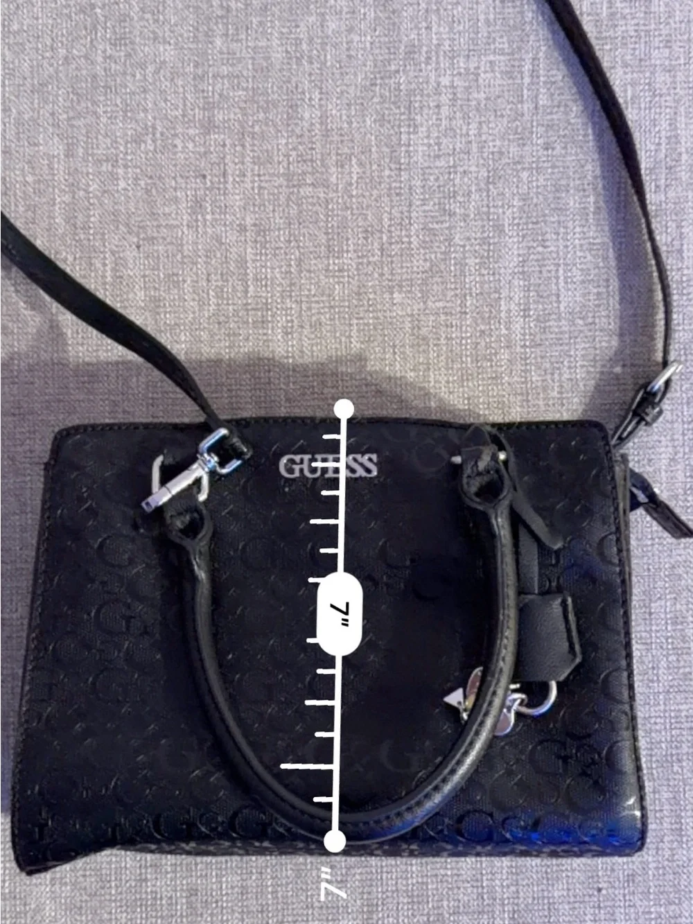 GUESS Black Embossed Logo Satchel Top Handle Zip Bag Detachable Strap